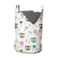 thumbnail image 1 of Cartoon Laundry Bag, Repetitive Pattern Big Eyed Owl Heads Colorful Flowers and Abstract Motifs, Basket with Handles Drawstring Closure for Laundromats, 13" x 19", White Multicolor, by Ambesonne, 1 of 4