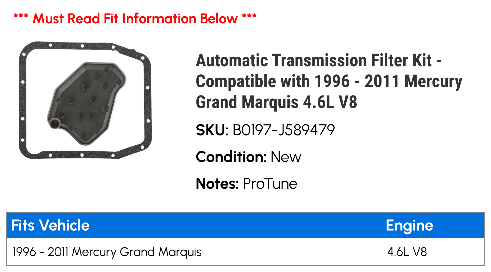 Automatic Transmission Filter Kit - Compatible with 1996 - 2011 Mercury Grand Marquis 4.6L V8 1997 1998 1999 2000 2001 2002 2003 2004 2005 2006 2007 2008 2009 2010