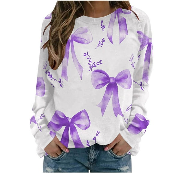 YUGYXL Womens Long Sleeve Tops Plus Size Y2k Cute Print Sweatshirts Fall Pullover Crewneck Vintage Shirts Tops Purple XXXL