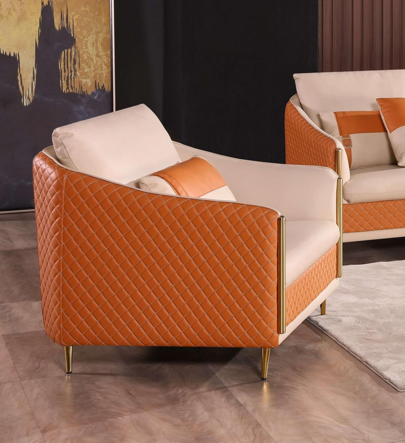 Italian Leather Off White & Orange Arm Chair ICARO EUROPEAN FURNITURE
