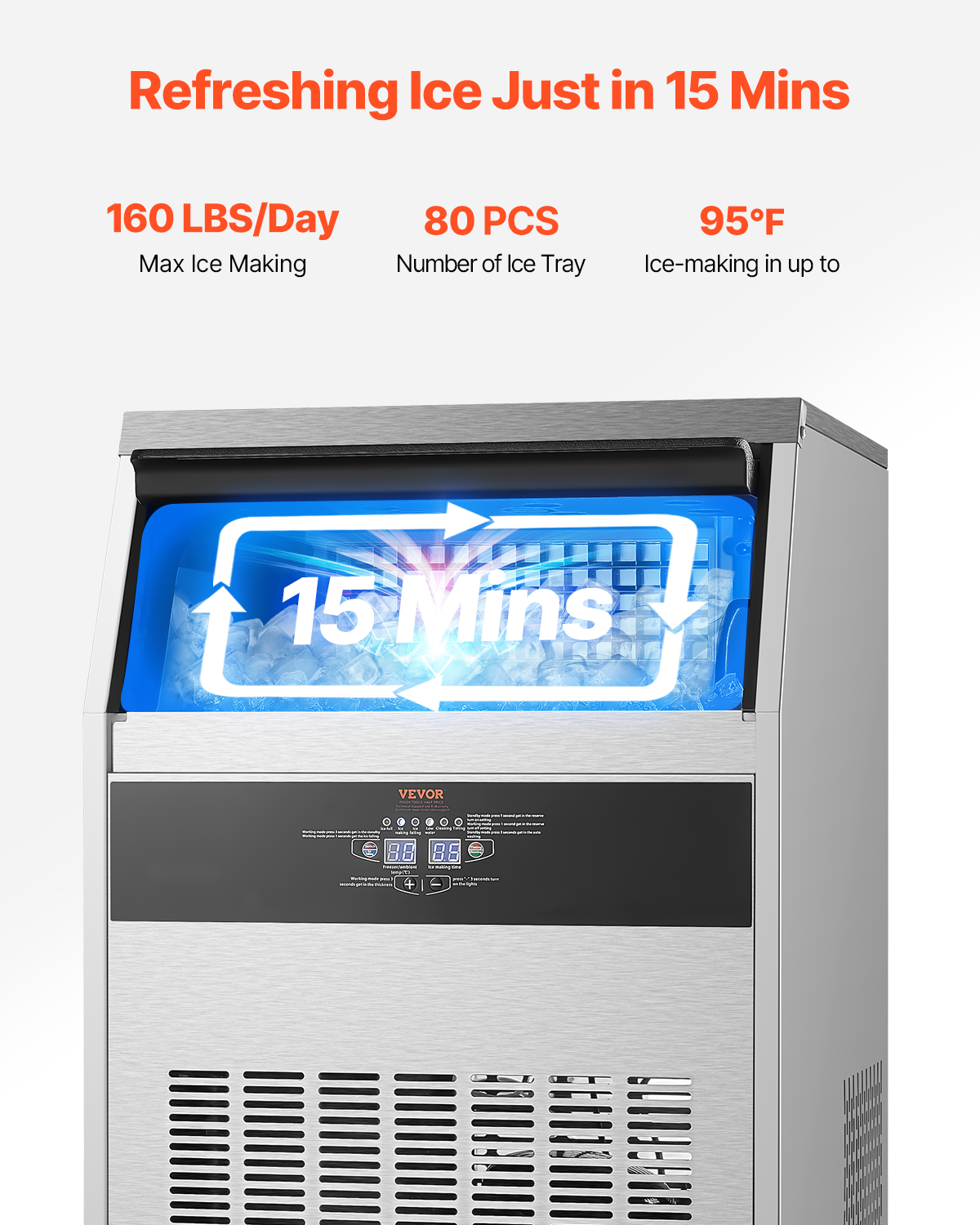VEVOR Commercial Ice Maker Machine, 160lbs/24H Ice Maker Machine with 66lbs Storage Capacity, 80 Ice Cubes in 15 Minutes, LED Digital Display Freestanding Self-Cleaning
