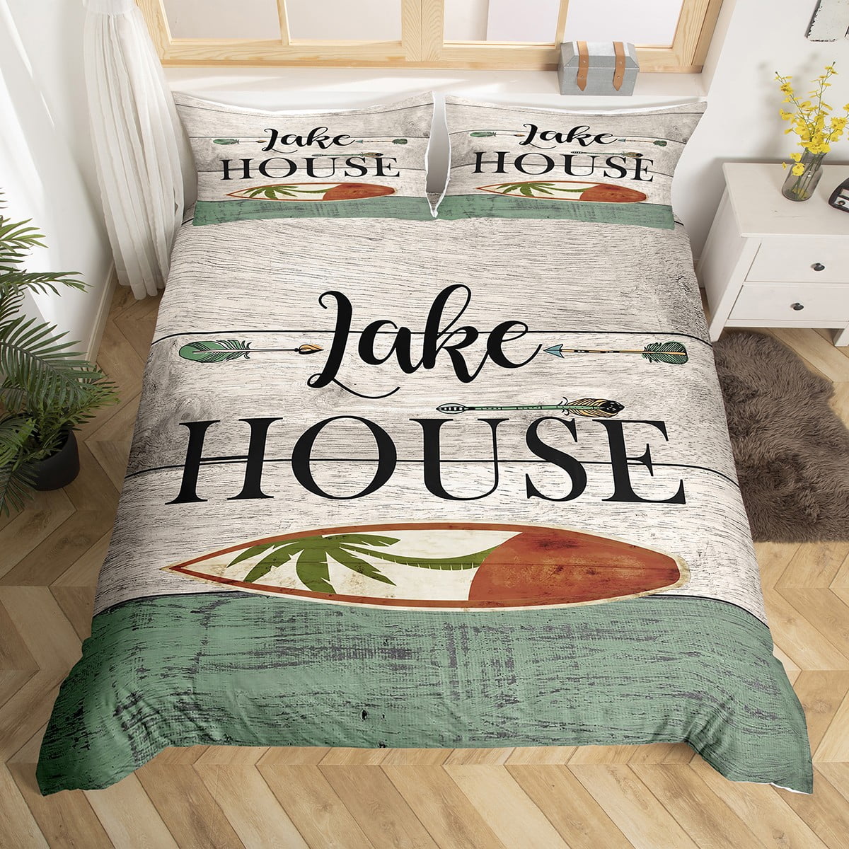 YST Camper Lake House Duvet Cover for Adult,Retro Surfboard Lake Paddle