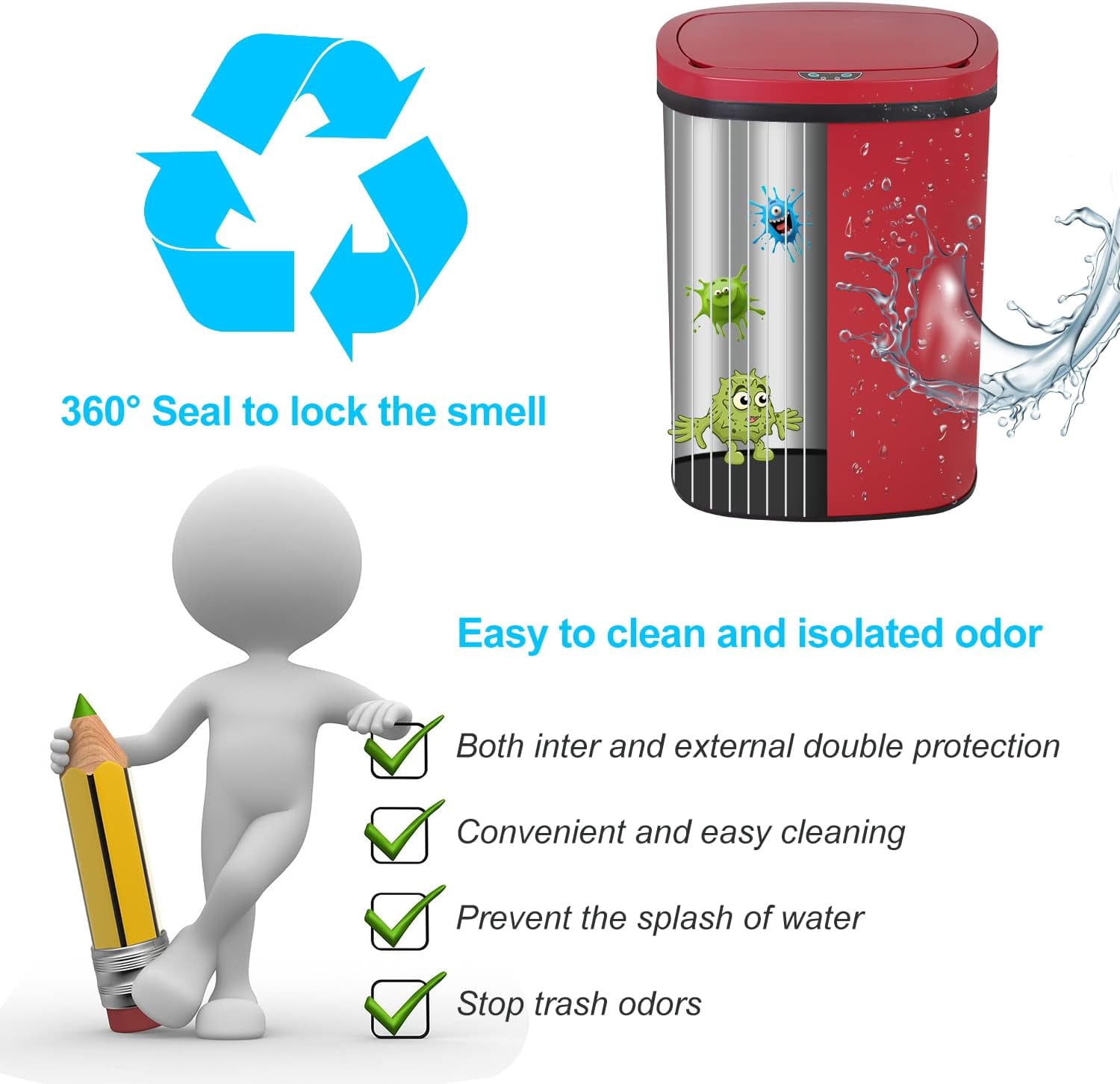 BIQWBIC 13 Gallon Automatic Trash Can, Touchless Stainless Steel Kitchen Garbage Can, Red