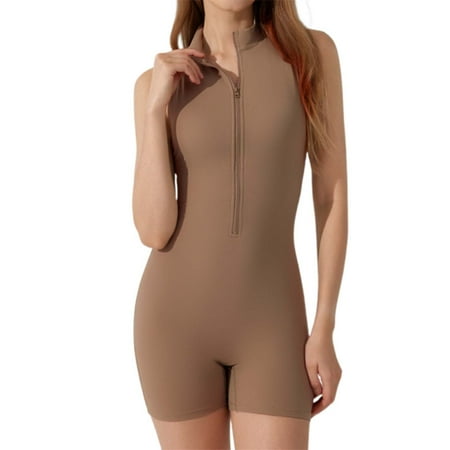 Hwmodou Tummy Control Swimsuits One Piece Women Modest Striped Seamless Yoga Bodysuit With Zipper Back Lifting Built In Bra Padding Push Up Comfort Bathing Suits Brown