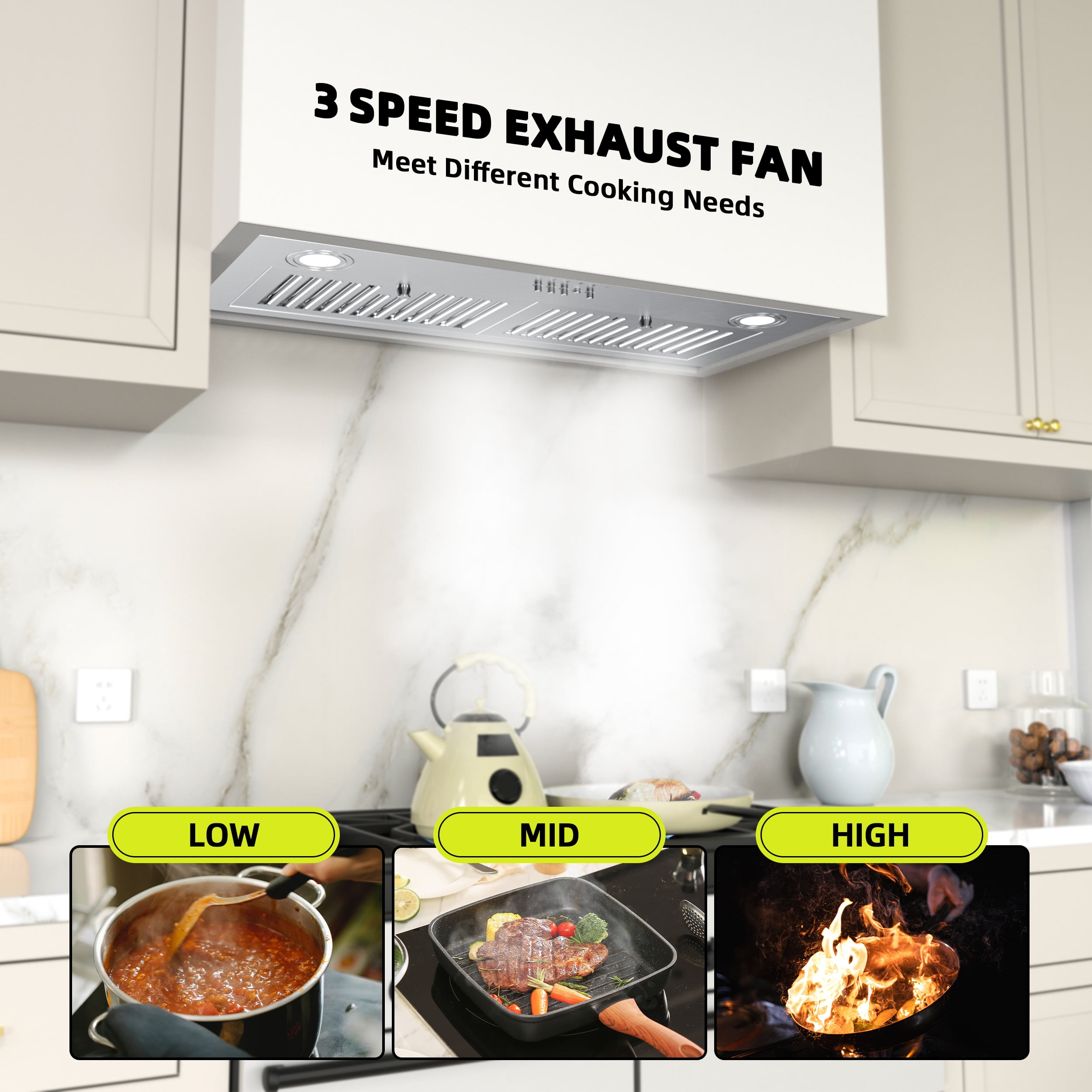FIREGAS Range Hood 30 inch, Built-in Kitchen Hood with 3 Speed Exhaust Fan, Ducted/Ductless Range Hood, Stainless Steel Range Hoods with Light