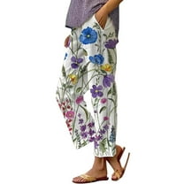 Women's Linen Pants Women'S Summer Drawstring Pocket Flower Flower Casual Loose Comfortable Cotton Linen Casual Pants, Women's Casual Pants S