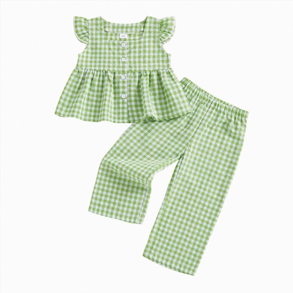 newwalpole Toddler Kids Girls Plaid Clothes Set 12 18 24 Months 2T 3T 4T 5T Flying Sleeve Button Up A-line Tops Long Pants Summer Outfits Green for Size 4-5 Years