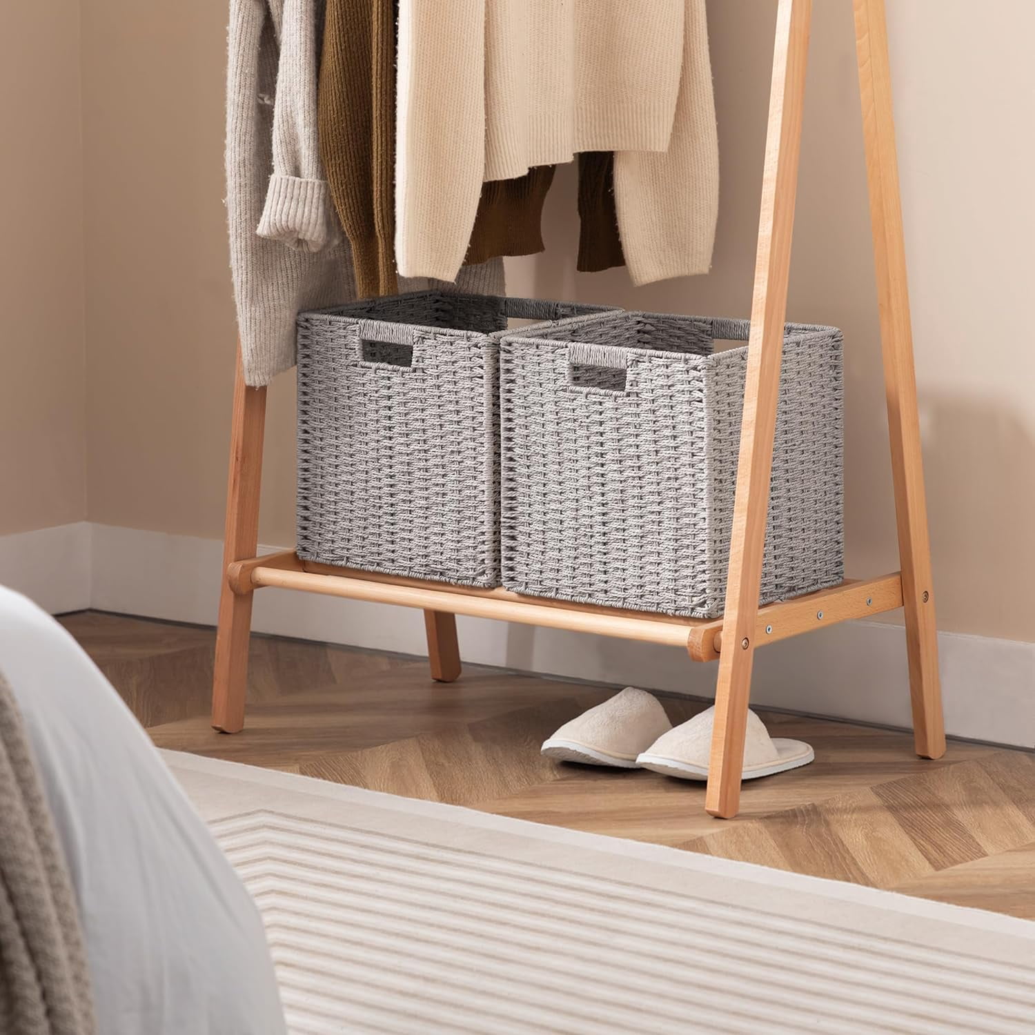 HBlife 2 Pack Wicker Basket, 11.8L×11.8H×11W inch Woven Paper Rope Storage Baskets for shelves, Foldable Cube Storage bin with Handle, Storage Basket for Organizing & Decor, Gray