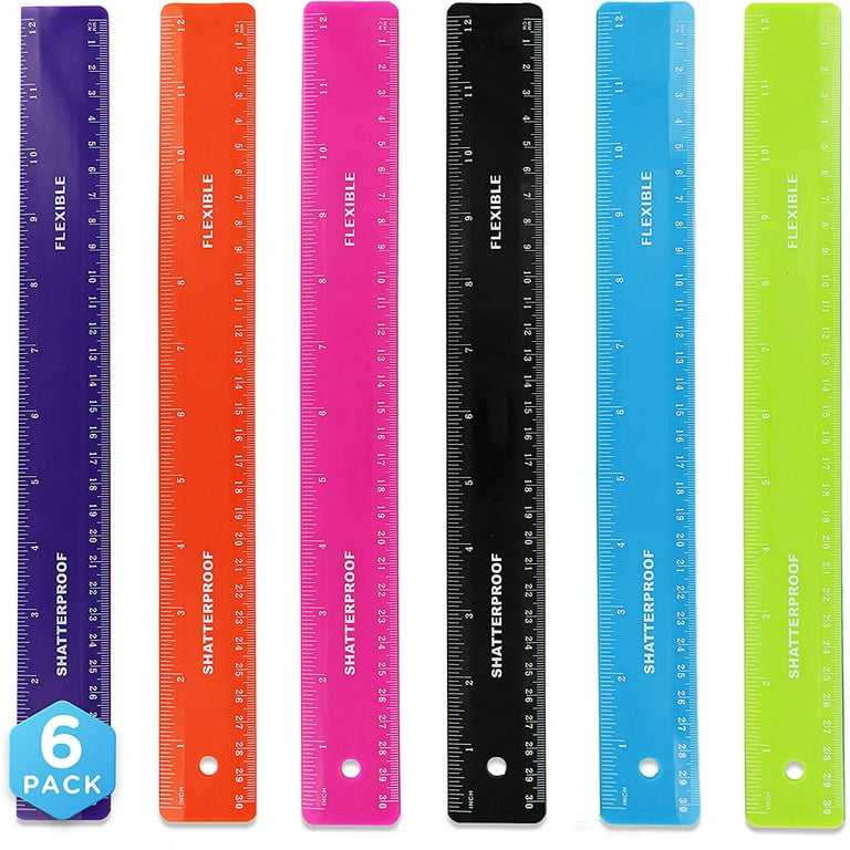 Emraw 12 inches (30 cm) Shatterproof Flexible Rulers Designed in Black,  Blue, Green, Pink, Purple, and Orange - Great for School, Home, Office â€“  (6 Pack) 