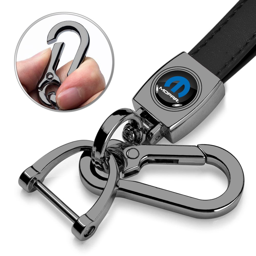iPick Image for Mopar Logo in Black on Black Leather Loop-Strap Dark Gunmetal Hook Key Chain, Official Licensed