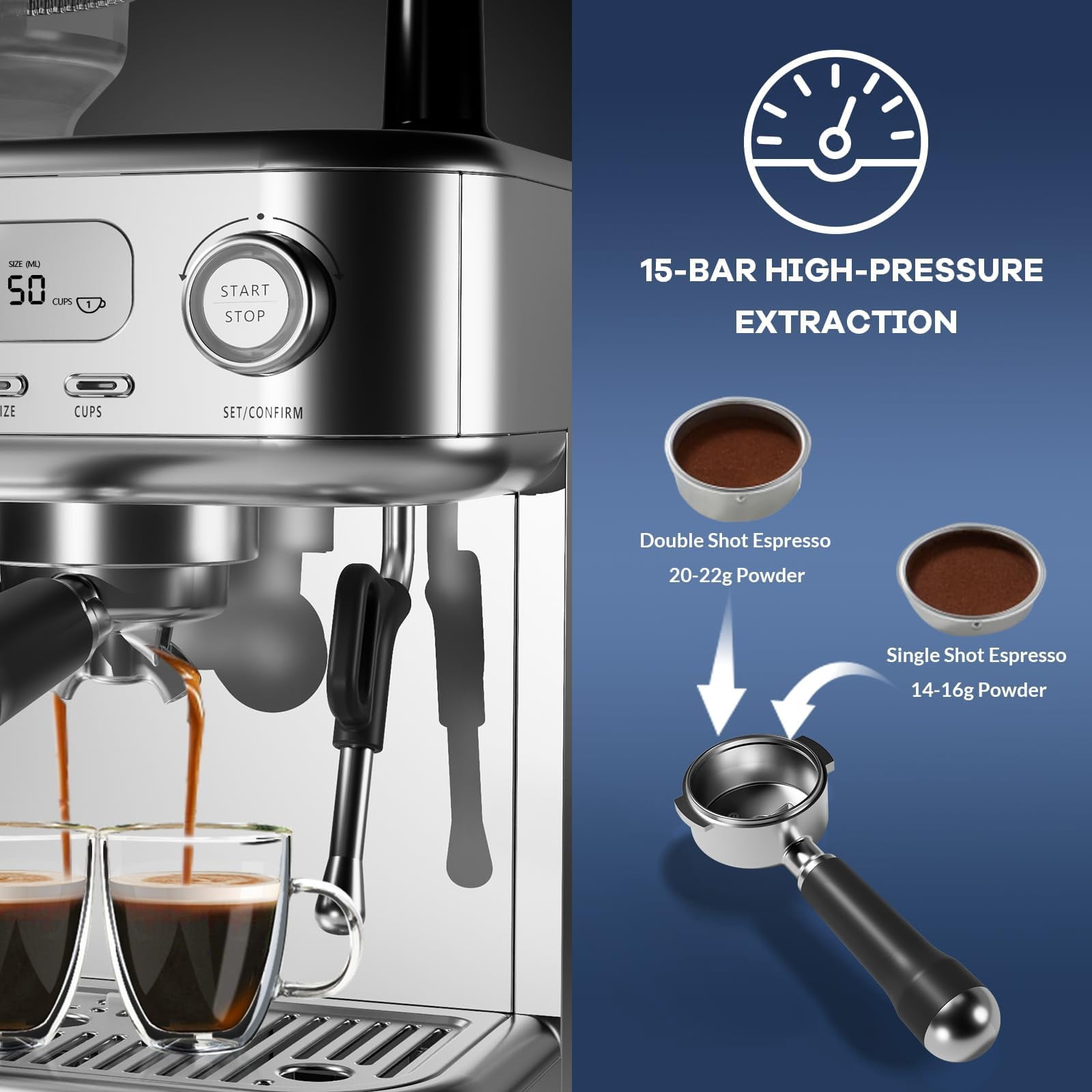 COZONY Espresso Machine with Built-in Grinder, 15-Bar Pump, Milk Frother, PID & LCD, Semi-Automatic Stainless Steel
