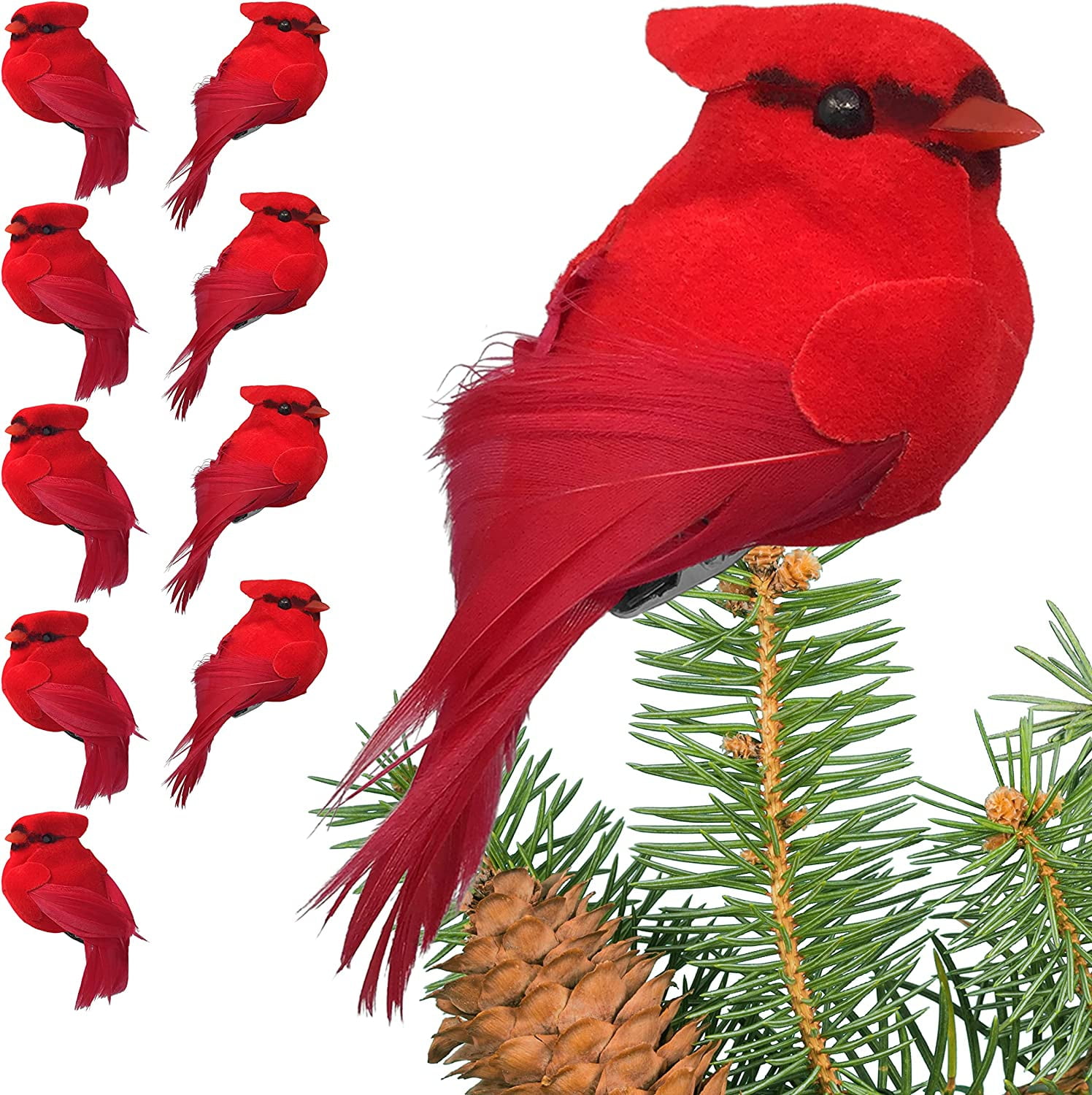Visland 10 Pcs Red Cardinals Ornaments Handmade Artificial Birds Clip