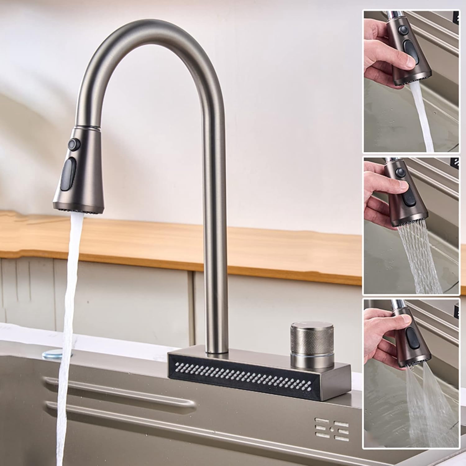 Kitchen Faucets with Pull Out Spray, Kitchen Sink Mixer Faucet Stainless Steel Swivel Hot and Cold Water Shower Mode Multifunction Pull Out Kitchen Mixer Faucet-Grey
