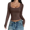 thumbnail image 1 of Camisas de Larga para Mujer, Tops Cortos, Cuello Cuadrado, Camisetas Básicas para Salir, Ropa de Invierno Y2K 2025 Marrón Oscuro S, 1 of 7