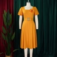 thumbnail image 2 of AURA Plus Size Square Neck A Line Midi Dress High Waist Large Skirt Bell Sleeve Solid Color Belted Dress with Flower, 2 of 9