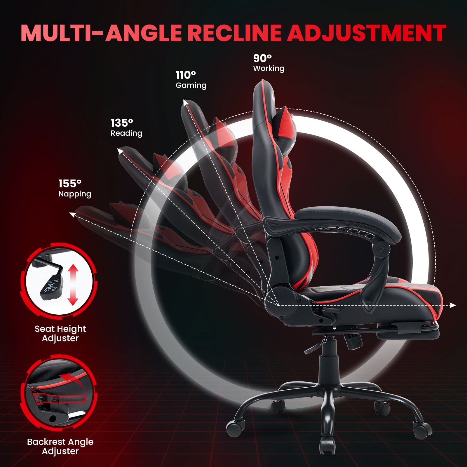 JONPONY Big and Tall 500LBS Gaming Chair, Ergonomic Design, Gamer Chair PU Leather with Footrest and Lumbar Support, High Back Office Chair Support, Long Sitting Computer Chair, Red