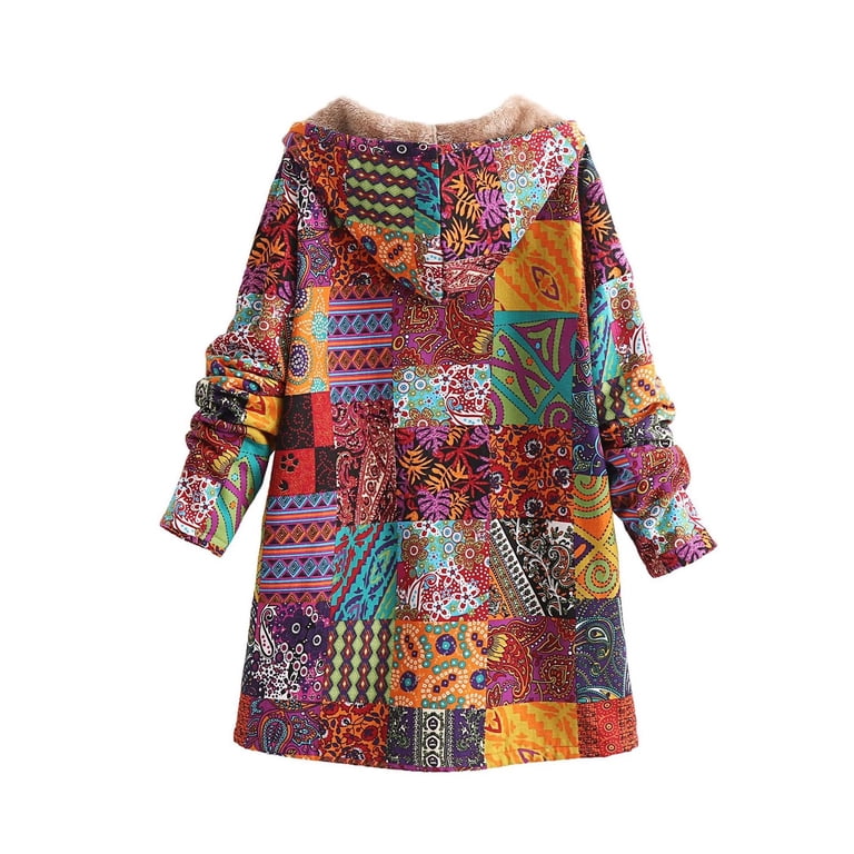 Boho Vintage Patchwork Fleece Jacket for Women Aztec Hooded