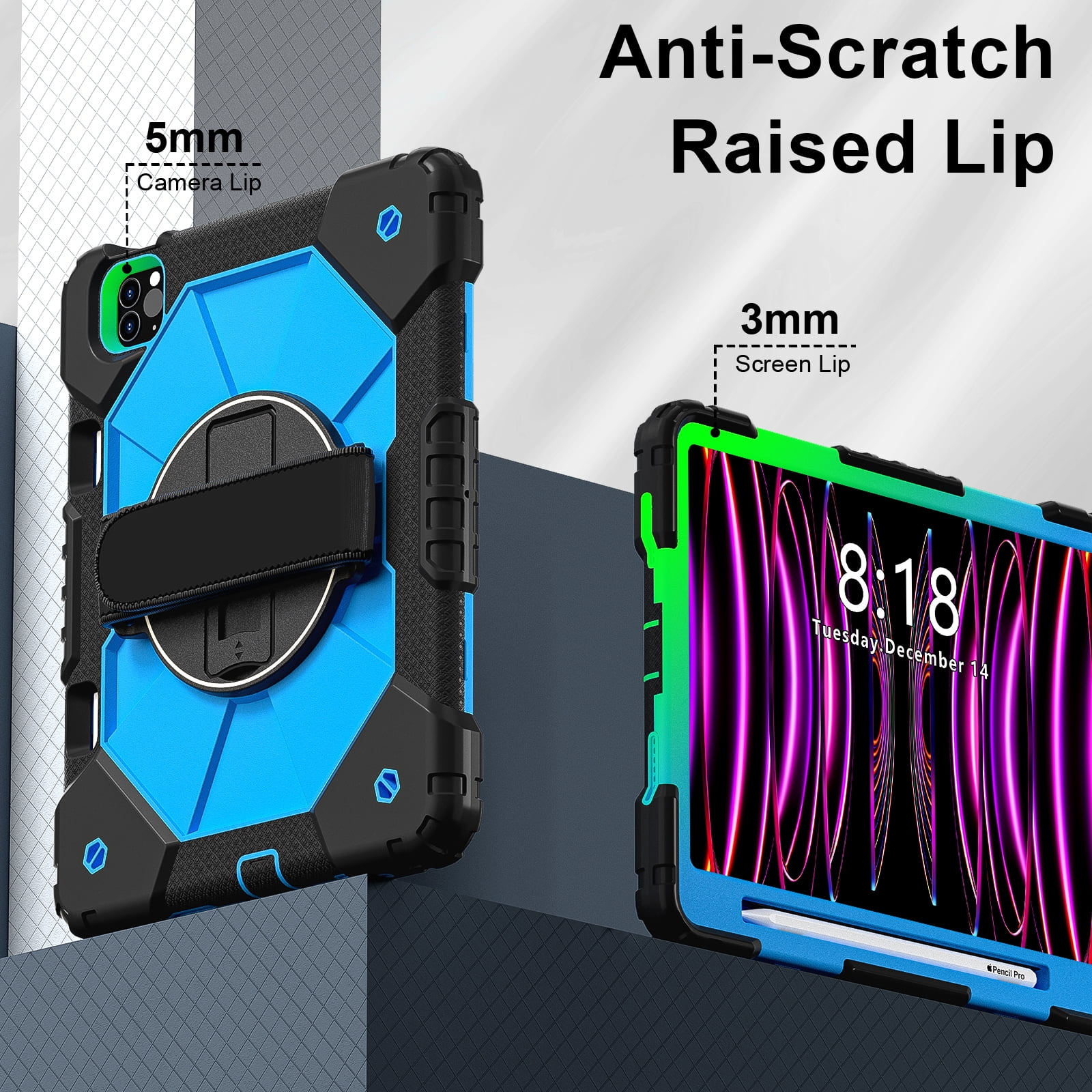 Shockproof Case for Apple iPad Pro 11 Inch 2022/2021/2020/2018 4th 3rd 2nd 1st Gen/ iPad Air 5th 4th Gen 10.9 Inch, Rotating Kickstand Pencil Holder Shoulder Strap Hand Strap Bumper Cover, Blue+Black