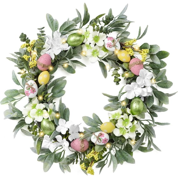 Guvpev 24" Artificial Easter Egg Wreaths for Front Door, Collapsible Easter Door Wreath with Lights, Faux Spring Floral Wreath with Lamb Ears Leaves for Indoor/Outdoor Window Wall Holiday Home Decor
