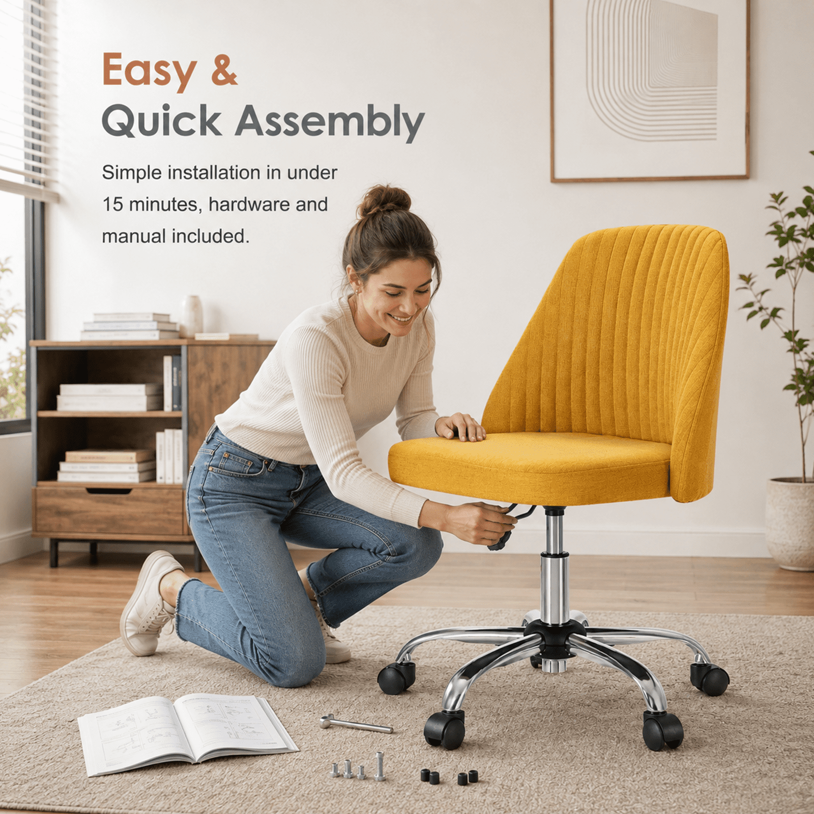 Alvantor Comfy Office Chair, Adjustable Swivel Desk Chair with Wheels, Wide Seating, Modern Fabric Vanity Chair