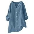 thumbnail image 3 of sckarle Oversized Button Down Shirts for Women Long Sleeve Linen Cotton V Neck Tops Plus Size Loose Fit Work Blouses with Pocket Light Blue,S, 3 of 7