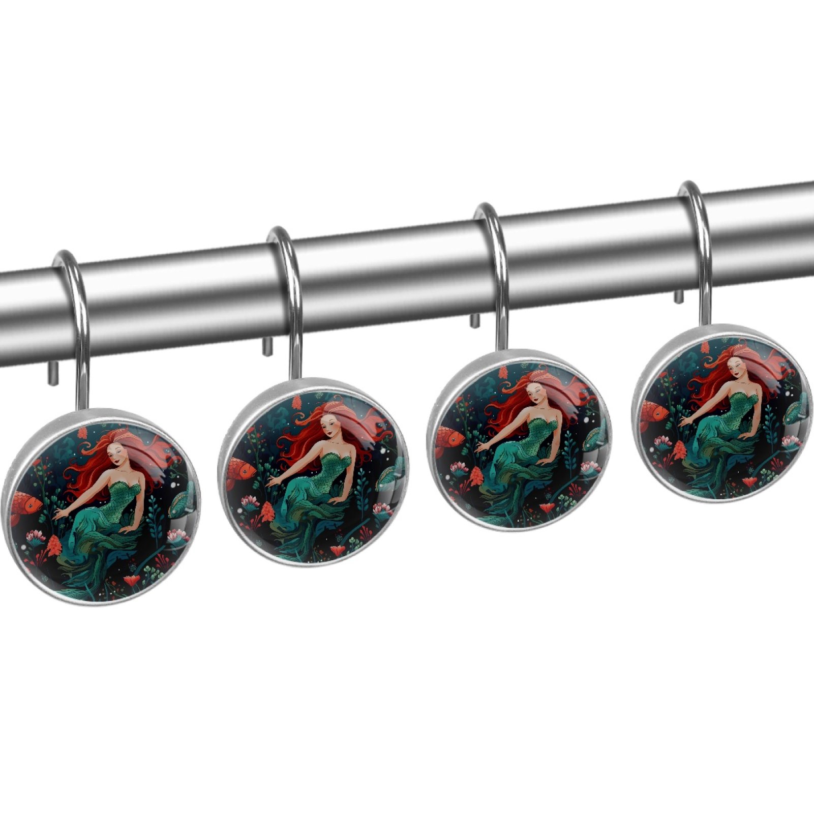 HemaKayy 12 Pcs Decorative Shower Curtain Hooks - Stainless Steel Rings for Bathroom Décor - Easy Glide & Secure Hold - Perfect Decoration for Bathroom Shower Rods - Ocean World Mermaid