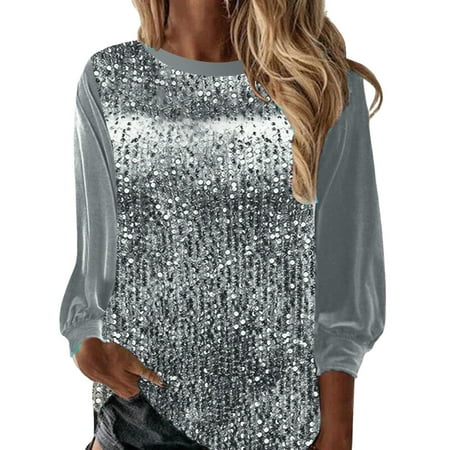 Outfmvch Sequin Tops for Women Corset Tops for Women Sparkly Tops for Women Sequin Tops For Women 2024 Fashion Sparkly V Neck Long Sleeve Shirts Plus Size Blouses Blouses for Women Sparkly Top Gray S