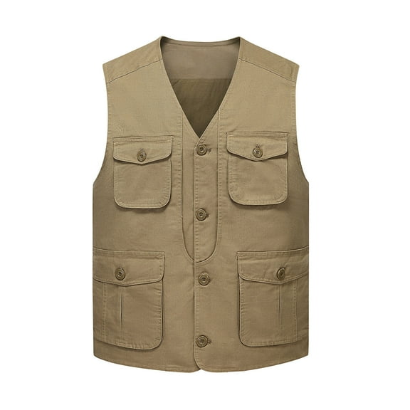 YODETEY Men'S Outdoor Vest Leisure Jacket Lightweight Vest with Zip Many Pockets Khaki 14(XXXL)