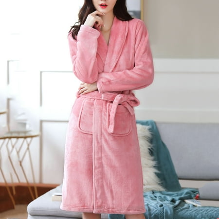 

Robes For Women Ladies Fashion Flannel Solid Color Bandage Pocket Warm Pajamas Nightgown Pink Free ac493