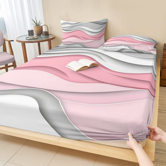 Twin XL Size Fitted Sheet Set - Pink Gray Ombre 2 Piece Bedding Sets 16" Deep Pocket Fitted Sheet with 1 Pillowcases, Modern Abstract Moire Art Geometric Brushed Microfiber Hotel Luxury Bed Sheets