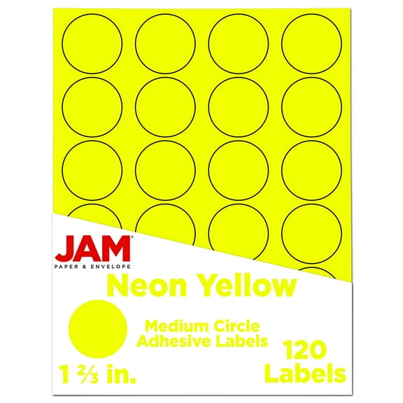 JAM Paper Circle Label Sticker Seals, 1 2/3 in, Neon Yellow, 120 Labels