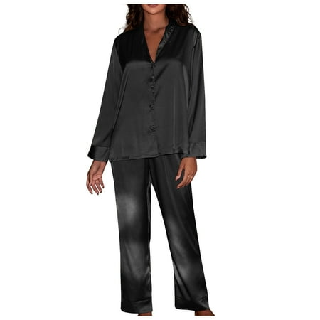 

BIZIZA Women Pajama Set Long Sleeve 2 Piece PJ Sets Loungewear Sleepwear Top and Pant Soft Black L