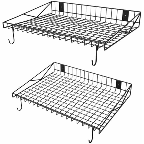 2 Pack Garage Wall Shelf, Garage Wall Mounted Shelving, Heavy Duty Floating Shelves With 4 Hooks, Loads 90 LBS Black Wall Shelves Mesh Storage Rack for Office,