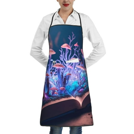 

Pofeuu Book Glowing Mushrooms Print Aprons with Pockets Cute Aprons for Kitchen Cooking Server Barber Chef Apron