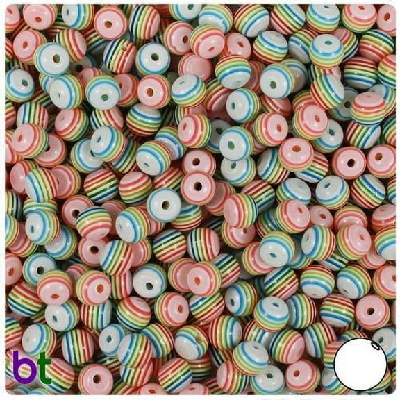 BeadTin White & Rainbow Striped 6mm Round Resin Beads (150pcs)