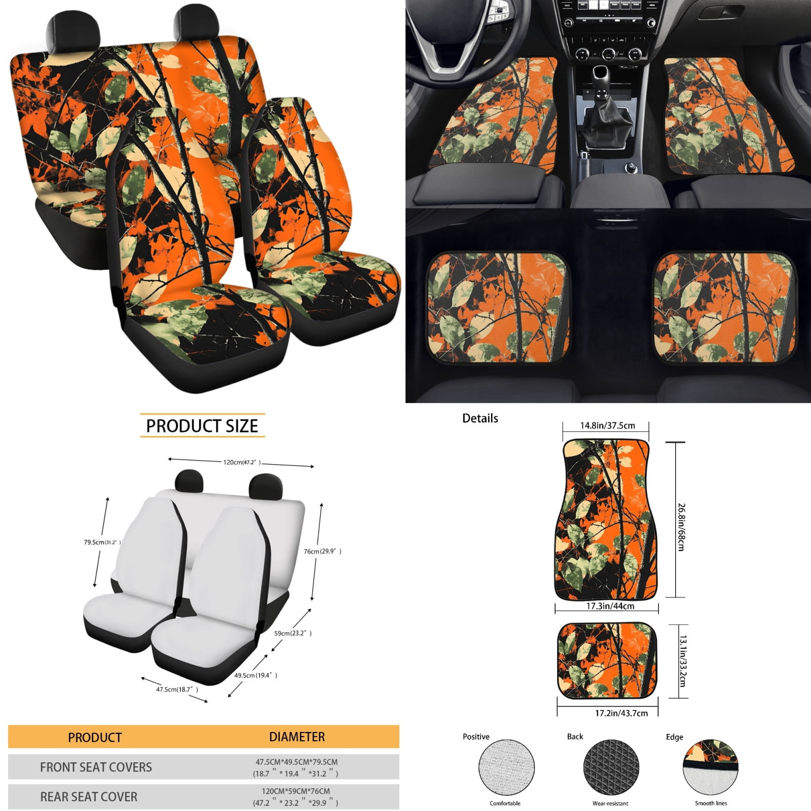Yuyamidu Camo Hunting Car Seat Cover Full Set Orange Wood Car Floor Mats Steering Wheel Cover Seatbelt Pad Cup Coaster Handbrake Cover Gear Shift Knob Cover 15pcs Auto Accessories Set for Sedan