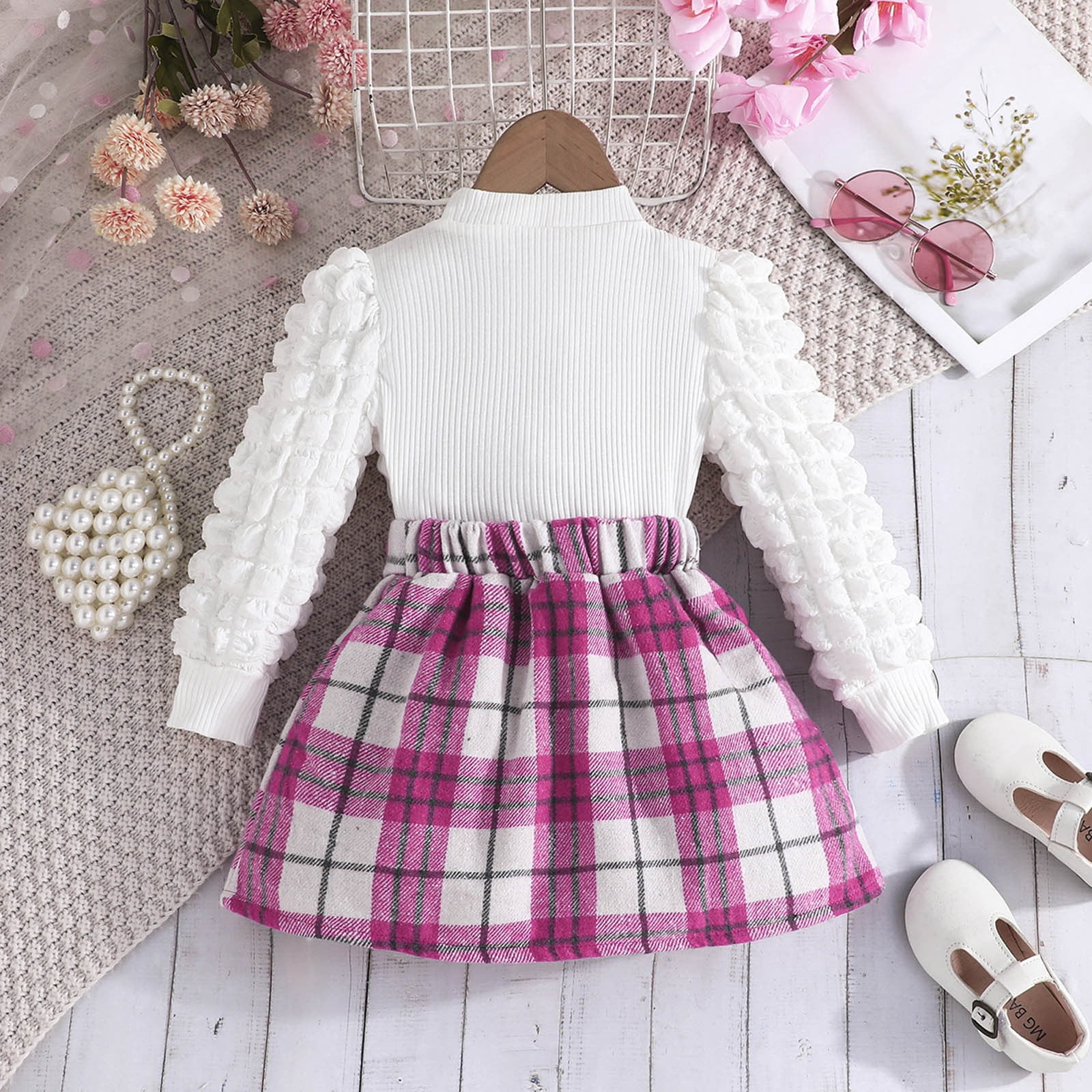 Toddler Fall Outfits Girls Kids Casual Long Sleeve Top Plaid Printed Bow Skirt 2 Piece Set Baby Girl Clothes Hot Pink 7 Years-8 Years