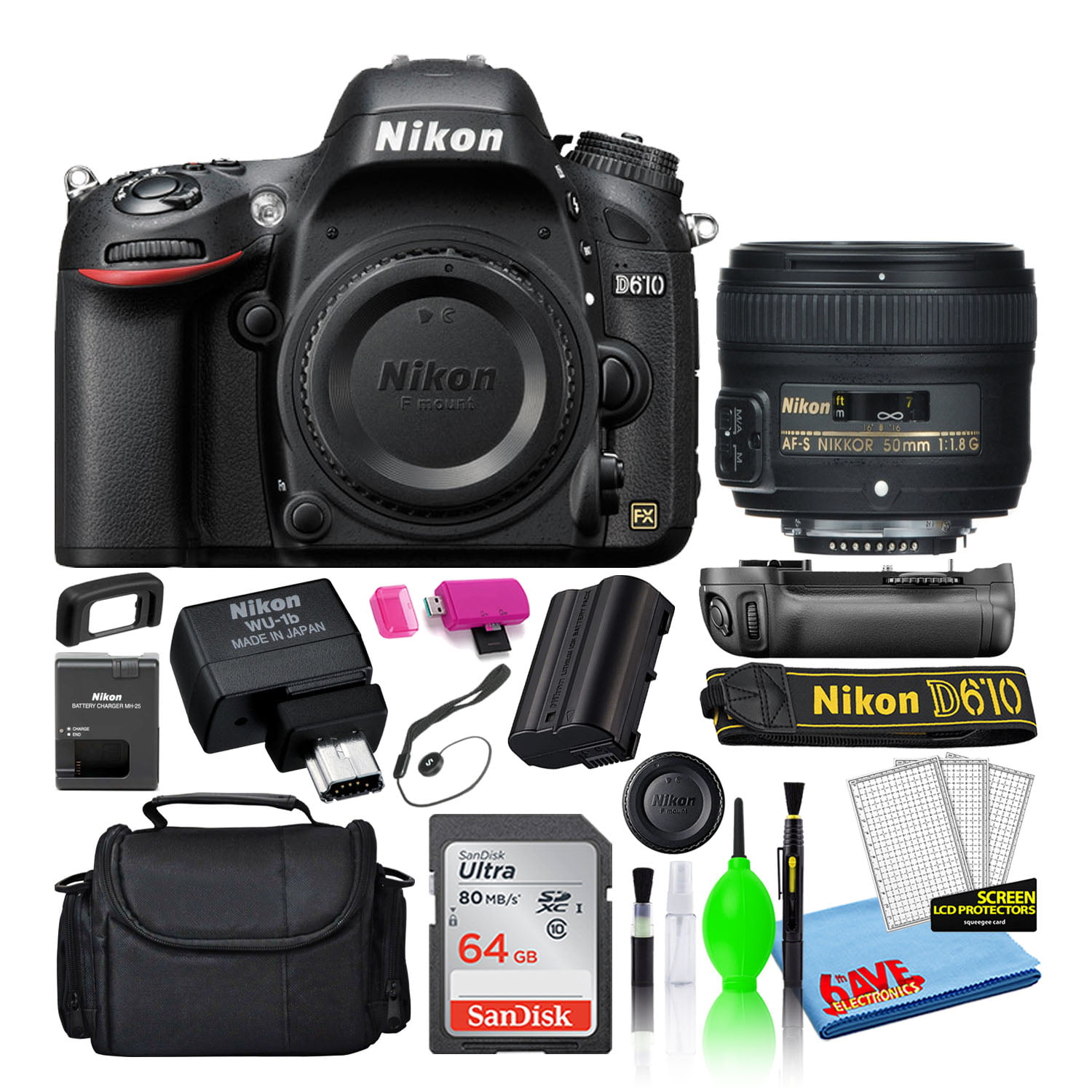 Electropositive Uluru crime Nikon D610 24.3MP DSLR FX-Format Digital Camera with AF-S 50mm f/1.8G Lens,  MBD-14 Grip, WU-1b Adapter (13550) Bundle with SanDisk 64GB SD Card +  Camera Bag + Cleaning Kit - Walmart.com