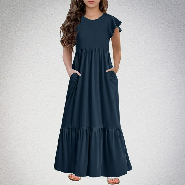 VKOYWKM Robe Décontractée pour Filles Été à Volants Manches Courtes Robes à Étages Décontractées Col Ras du Cou Ample Évasée Robe Maxi avec Poches pour 6-12 Ans
