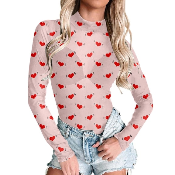 CAIXIA Valentine Womens Mock Neck Mesh Tops Love Print Western T Shirts Long Sleeve Layering Tops See Through Trendy Outfits