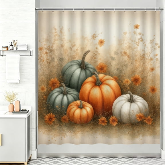 Fall Shower Curtains for Bathroom A group of pumpkins sitting on top of a field of flowers 72x72 In Rustic Shower Curtains
