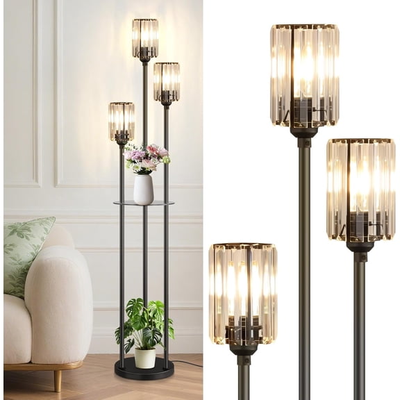 Crystal Floor Lamp with Shelves, Modern Floor Lamps for Living Room 3-Light Standing Lamps with Table, Black Tall Lamp with Crystal Shade Corner Floor Lamp for Bedroom, ON/OFF Foot Switch, Black