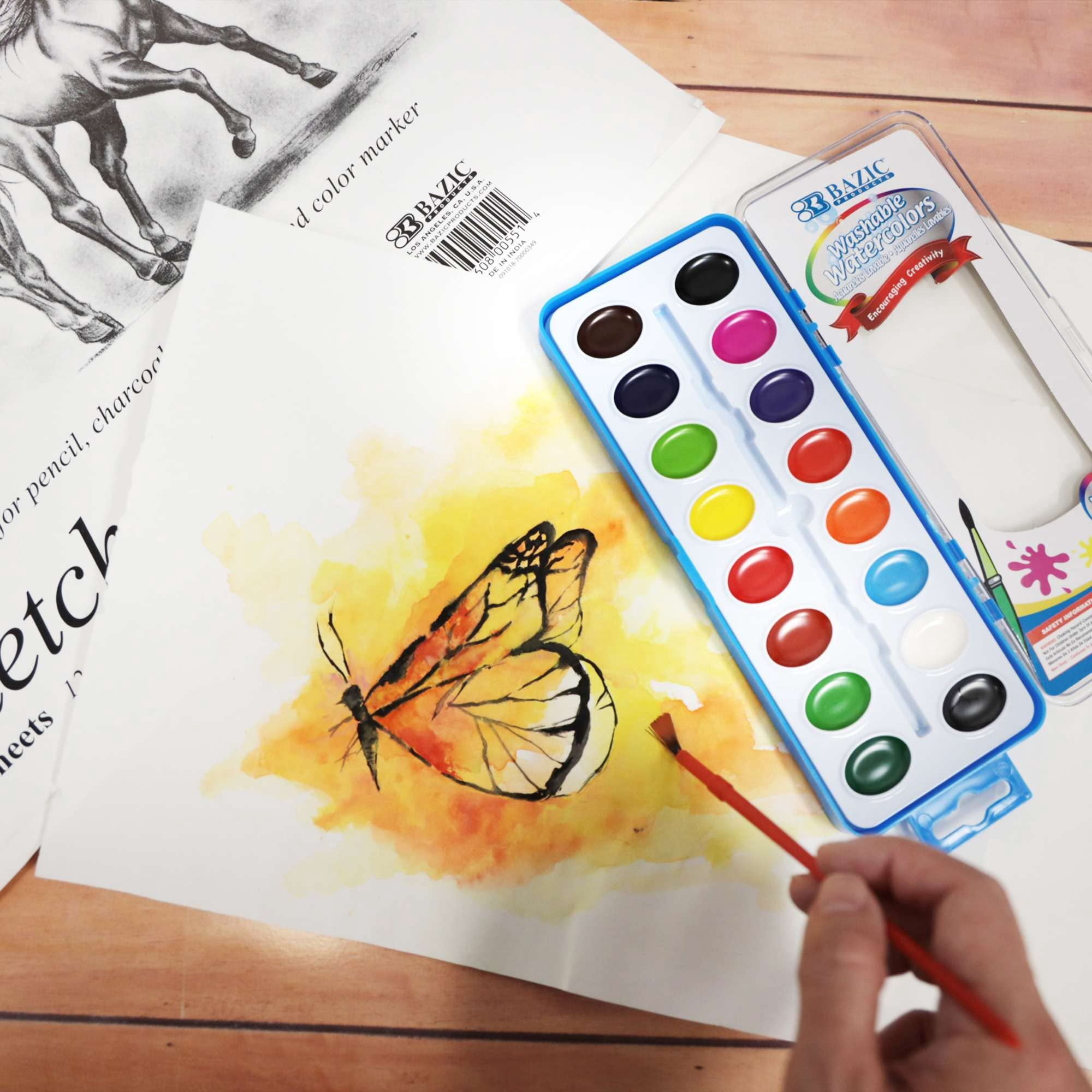 BAZIC Watercolor w/ Brush Semi Moist 16 Color, Non-Toxic Paint Set, 24-Pack