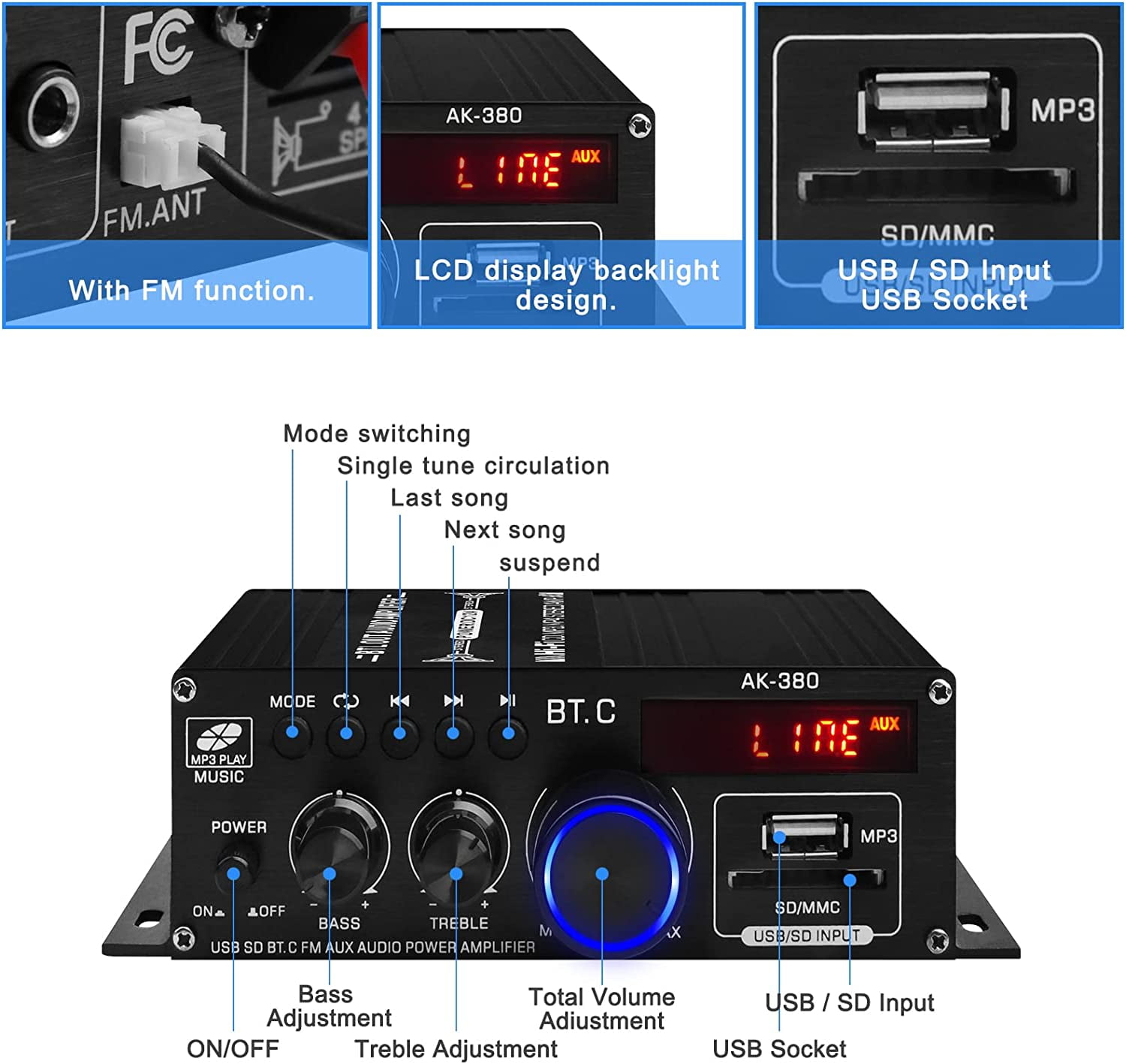 Audio Power Amplifier,Home Stereo Amplifier Receiver,Hifi Stereo AMP Speaker Bluetooth 5.0 Amp Receiver with 12V 5A Power Supply,Remote Control,FM Antenna for Car Home Bar Party