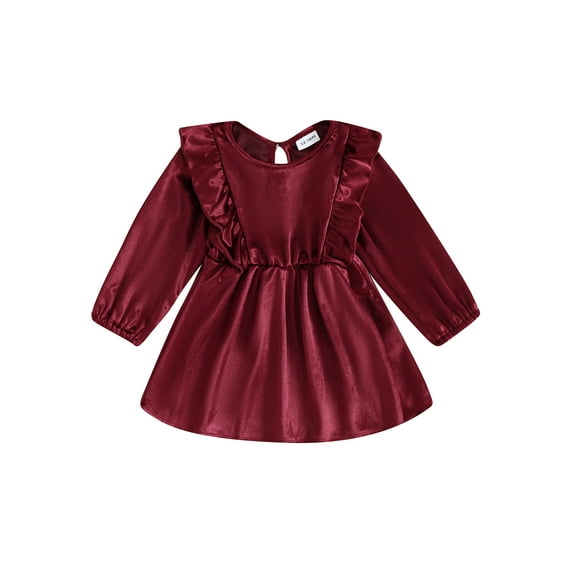 Bagilaanoe Toddler Baby Girl Velvet Dress Ruffle Long Sleeve A-line Princess Dresses 9M 12M 18M 24M 3T 4T Kids Casual Fall Dress