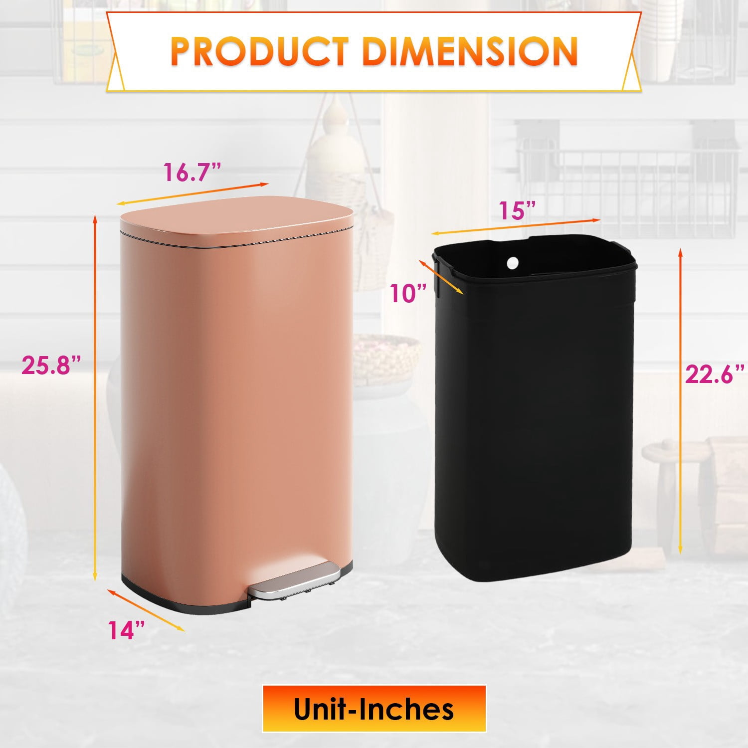 FASCK 13 Gallon/50 L Garbage Can Kitchen Trash Can with Lid for Office Bedroom Bathroom Step Trash Bin Fingerprint-Proof Brushed Stainless Steel 13 Gallon / 50 Liter,Pink