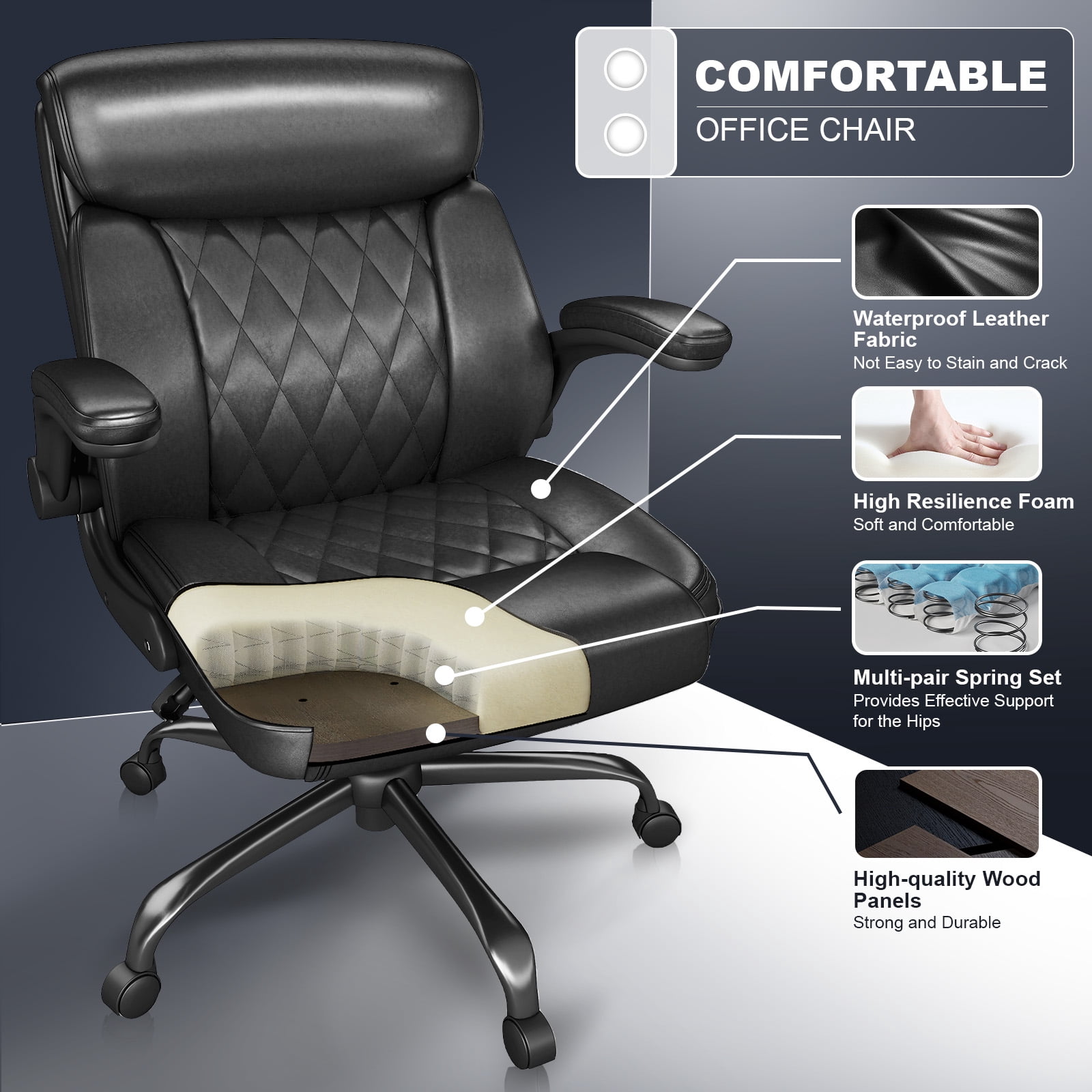 Mid-Back Executive Office Chair, Black PU Leather, Diamond-Stitched, Adjustable Armrests, Lumbar Support, Ergonomic Swivel Desk Chair