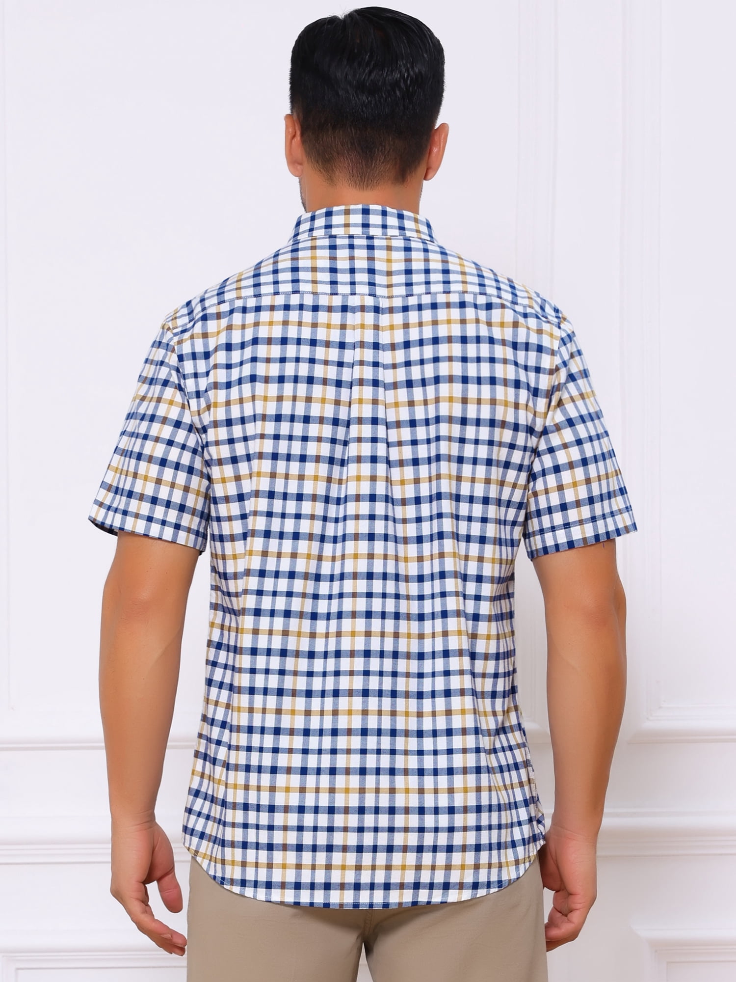 DARING DIVA Men's Point Collar Short Sleeve Button Business Plaid Shirts XL Blue Yellow