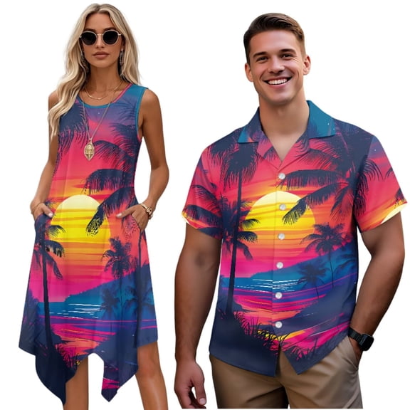 Garronmavis Sunset Glow Couple Matching Outfit Polyester Mens Button Up Shirt and Womens Sleeveless Dress Hawaiian Sundress Tank Beach Dress with Pocket