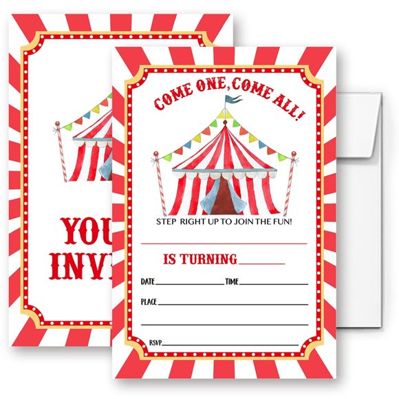 Whimsical Circus Adventure Invitations for Kids - Fun and Colorful Birthday Party Cards to Celebrate with Clowns, Acrobats, and Magical Memories!